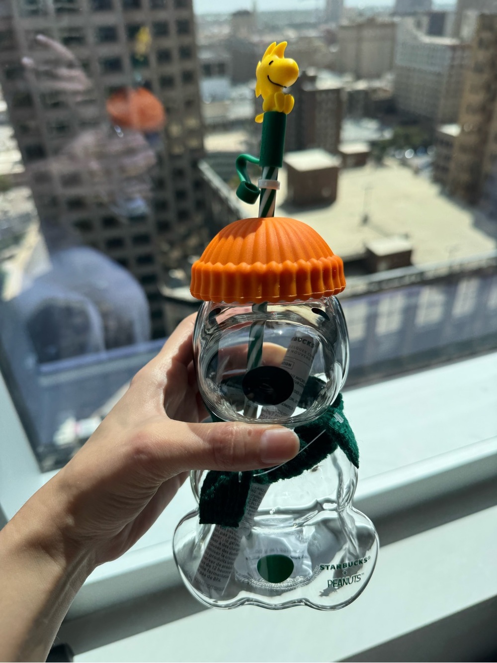 Starbucks Peanuts Woodstock Snowman Bottle with Orange Cap and Green Straw